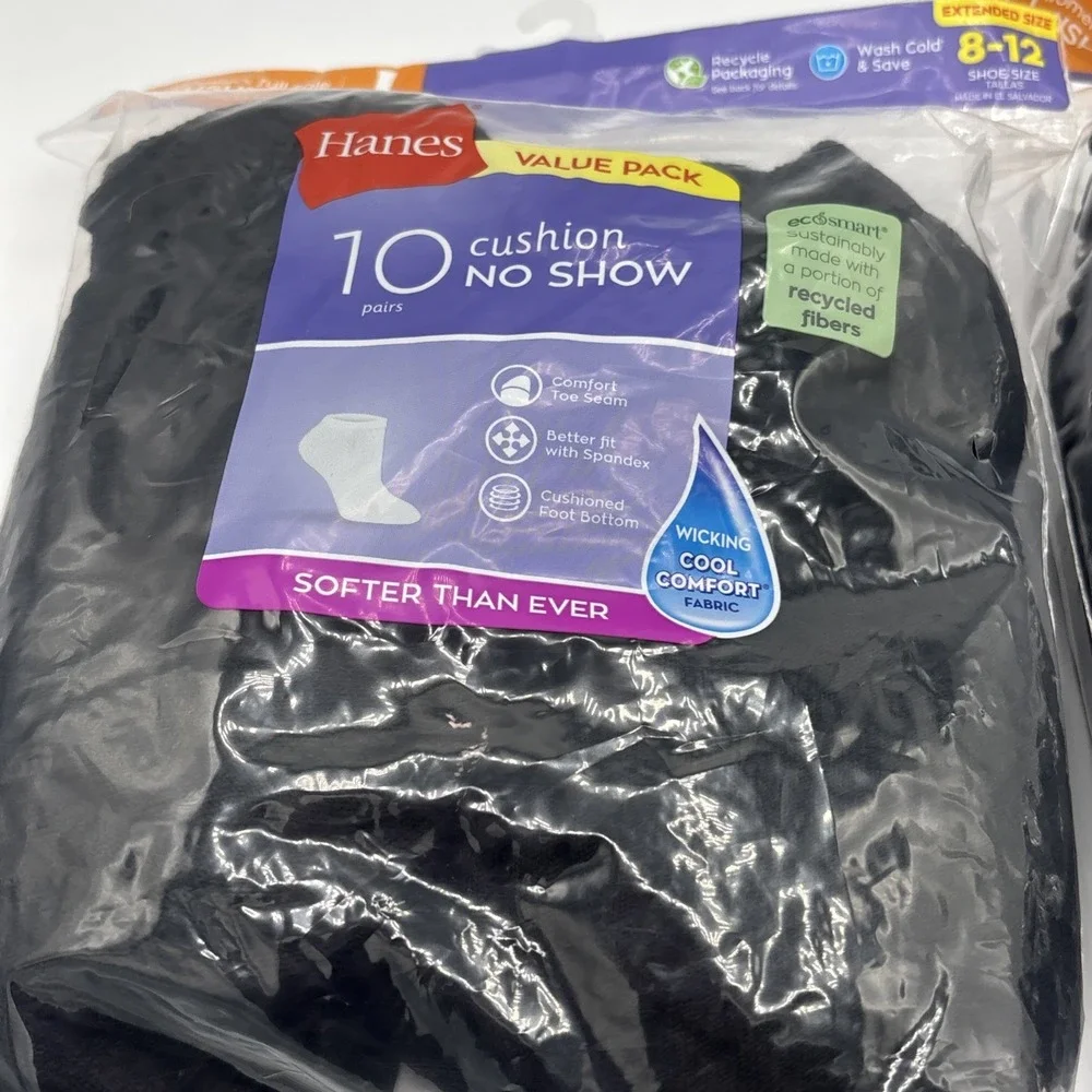 Hanes Womens Cushion No Show Socks Ecosmart 20 Pairs 8-12 Black 650/1P